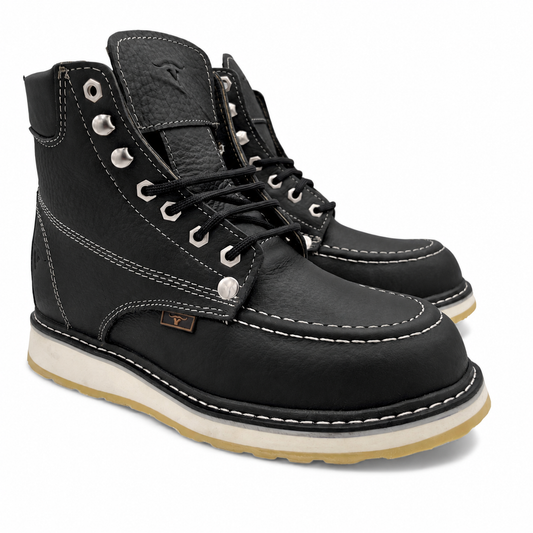 Men 6” Moc Toe Work Boot Black – Genuine Leather Durable Work Shoe H80105