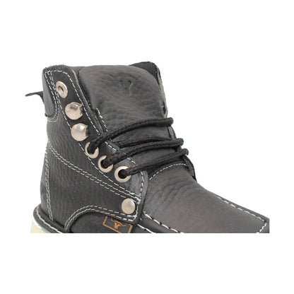 Kids Black Moc Toe Work Boot HBN80105 lacing detail