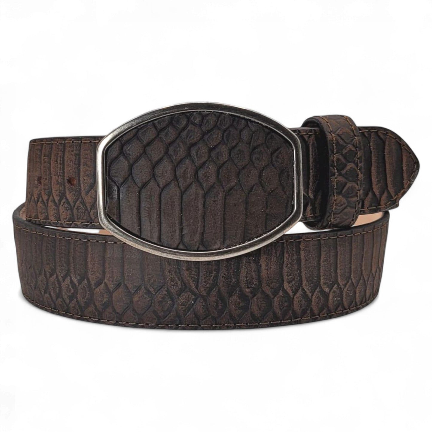 Men’s 2” Python Print Western Leather Belt Chocolate – Classic Cowboy Style HC-123