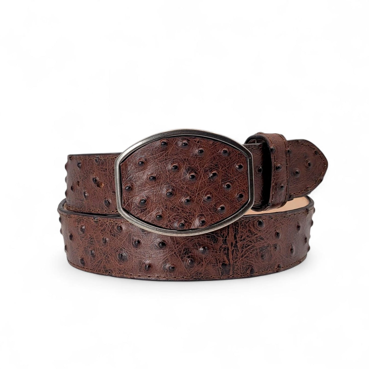 Brown leather belt with a silver buckle on a white background