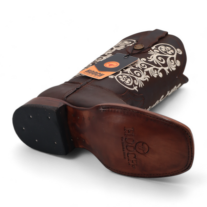 Women’s Square Toe Western Boots Brown Genuine Leather Embroidered 12” Shaft – H22M2694