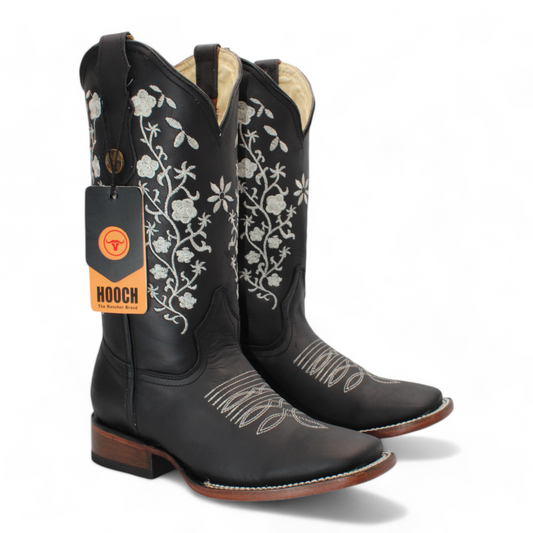 Women’s Square Toe Western Boots Black Genuine Leather Embroidered 12” Shaft – H22M2605