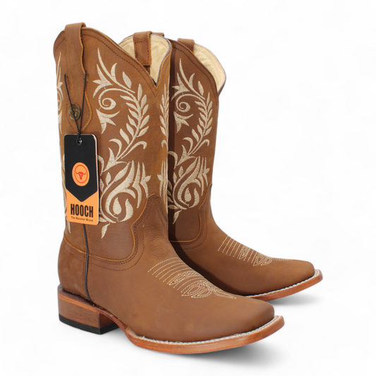 Women’s Square Toe Western Boots Tan Genuine Leather Embroidered 12” Shaft – H22M2631