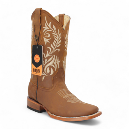 Women’s Square Toe Western Boots Tan Genuine Leather Embroidered 12” Shaft – H22M2631