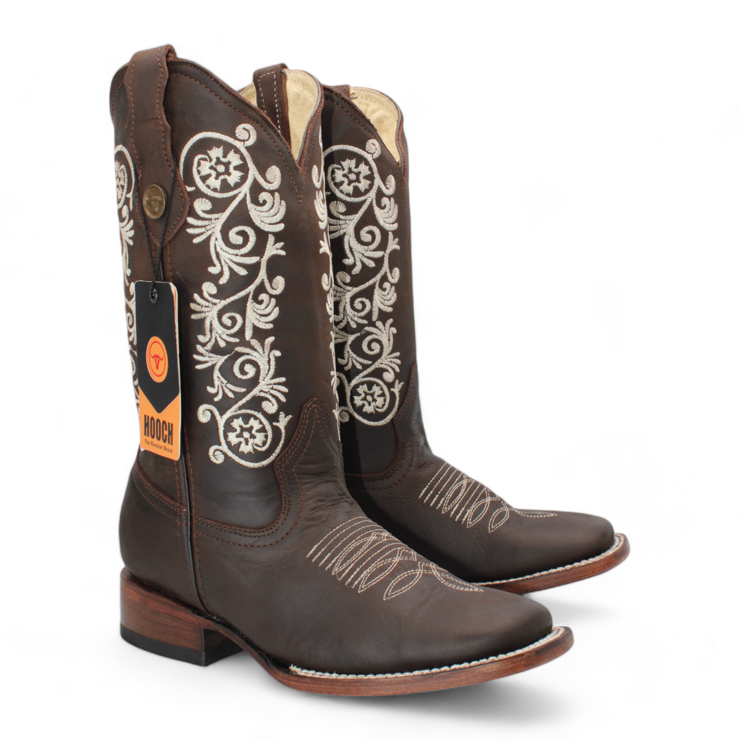 Women’s Square Toe Western Boots Brown Genuine Leather Embroidered 12” Shaft – H22M2694