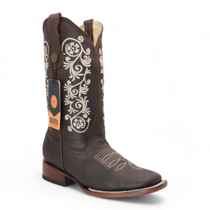 Women’s Square Toe Western Boots Brown Genuine Leather Embroidered 12” Shaft – H22M2694