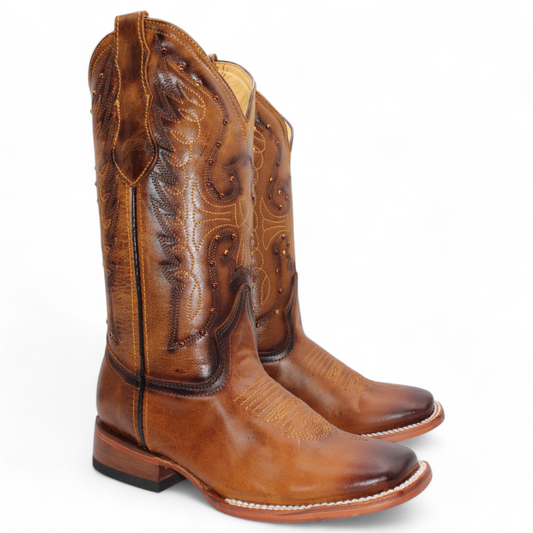 Women’s Square Toe Western Boots Honey Genuine Leather Embroidered 12” Shaft – H224251