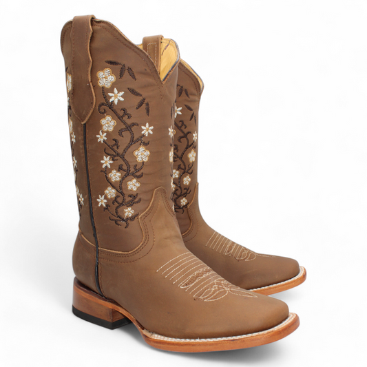Women’s Square Toe Western Boots Genuine Leather Embroidered 12” Shaft - H22M2631F