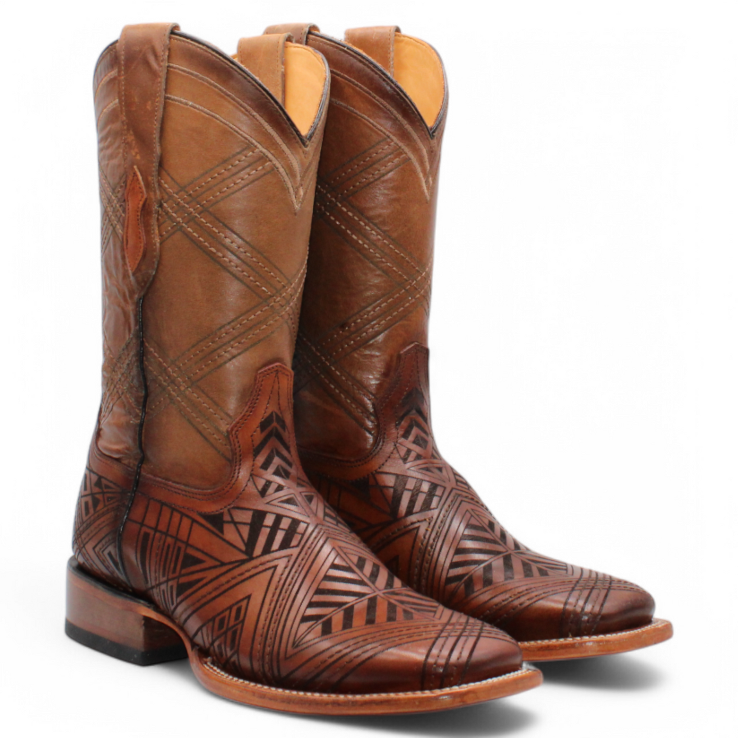 Men’s Square Toe Leather Boot – Laser Engraved Vamp - Honey