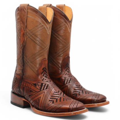 Men’s Square Toe Leather Boot – Laser Engraved Vamp - Honey