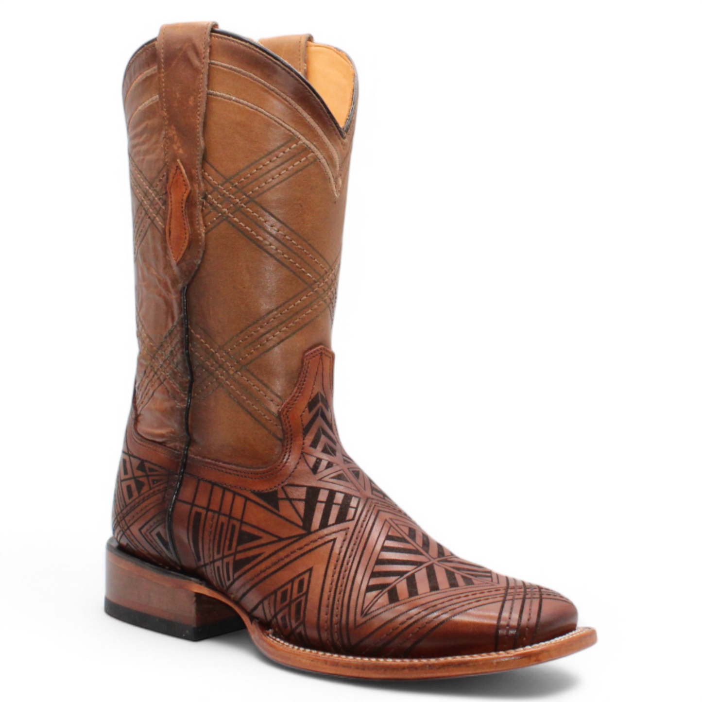 Men’s Square Toe Leather Boot – Laser Engraved Vamp - Honey