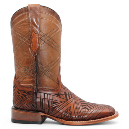 Men’s Square Toe Leather Boot – Laser Engraved Vamp - Honey