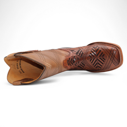 Men’s Square Toe Leather Boot – Laser Engraved Vamp - Honey