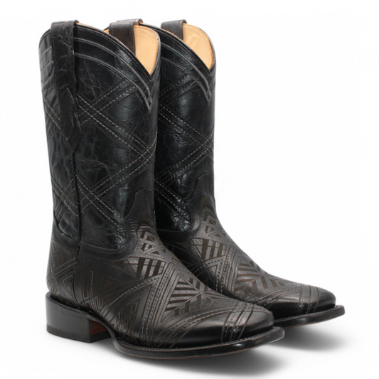 Men’s Square Toe Leather Boot – Laser Engraved Vamp - Black