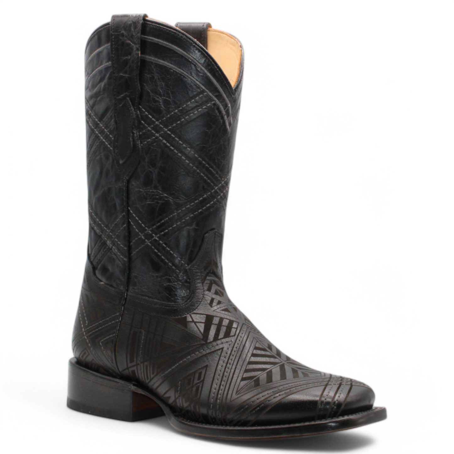 Men’s Square Toe Leather Boot – Laser Engraved Vamp - Black