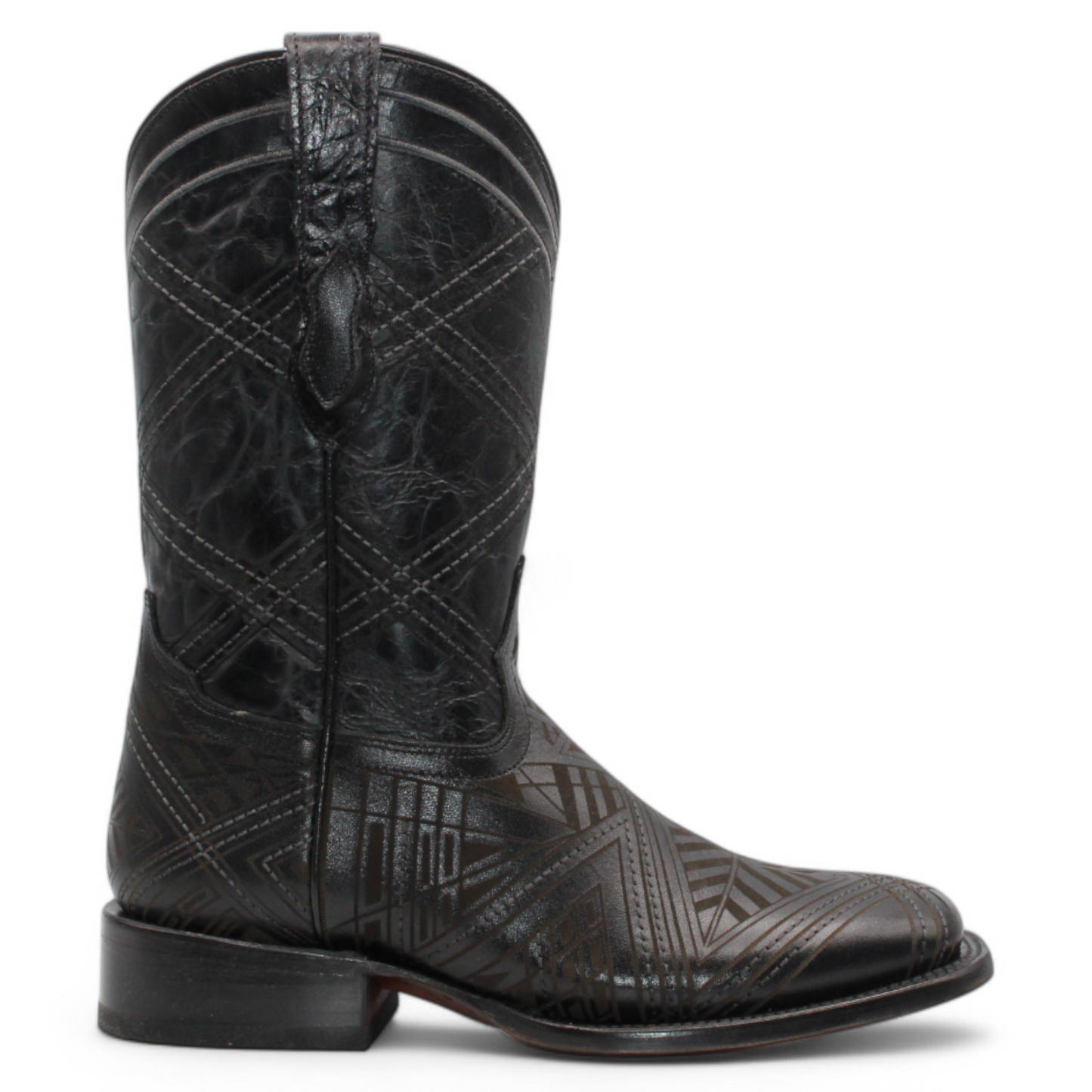 Men’s Square Toe Leather Boot – Laser Engraved Vamp - Black