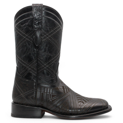 Men’s Square Toe Leather Boot – Laser Engraved Vamp - Black