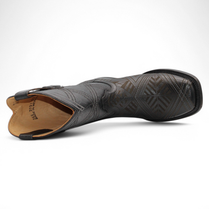 Men’s Square Toe Leather Boot – Laser Engraved Vamp - Black