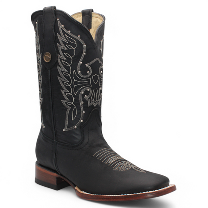 Women’s Square Toe Western Boots Black Genuine Leather Embroidered 12” Shaft - H222605