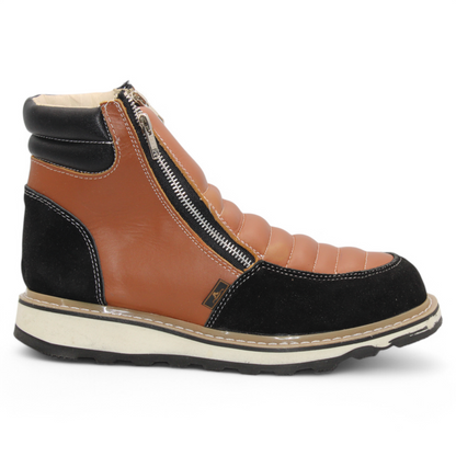 Men’s Double Zipper Leather Work Shoe – Round Toe | Soft Toe | Rubber Sole | Honey-Black