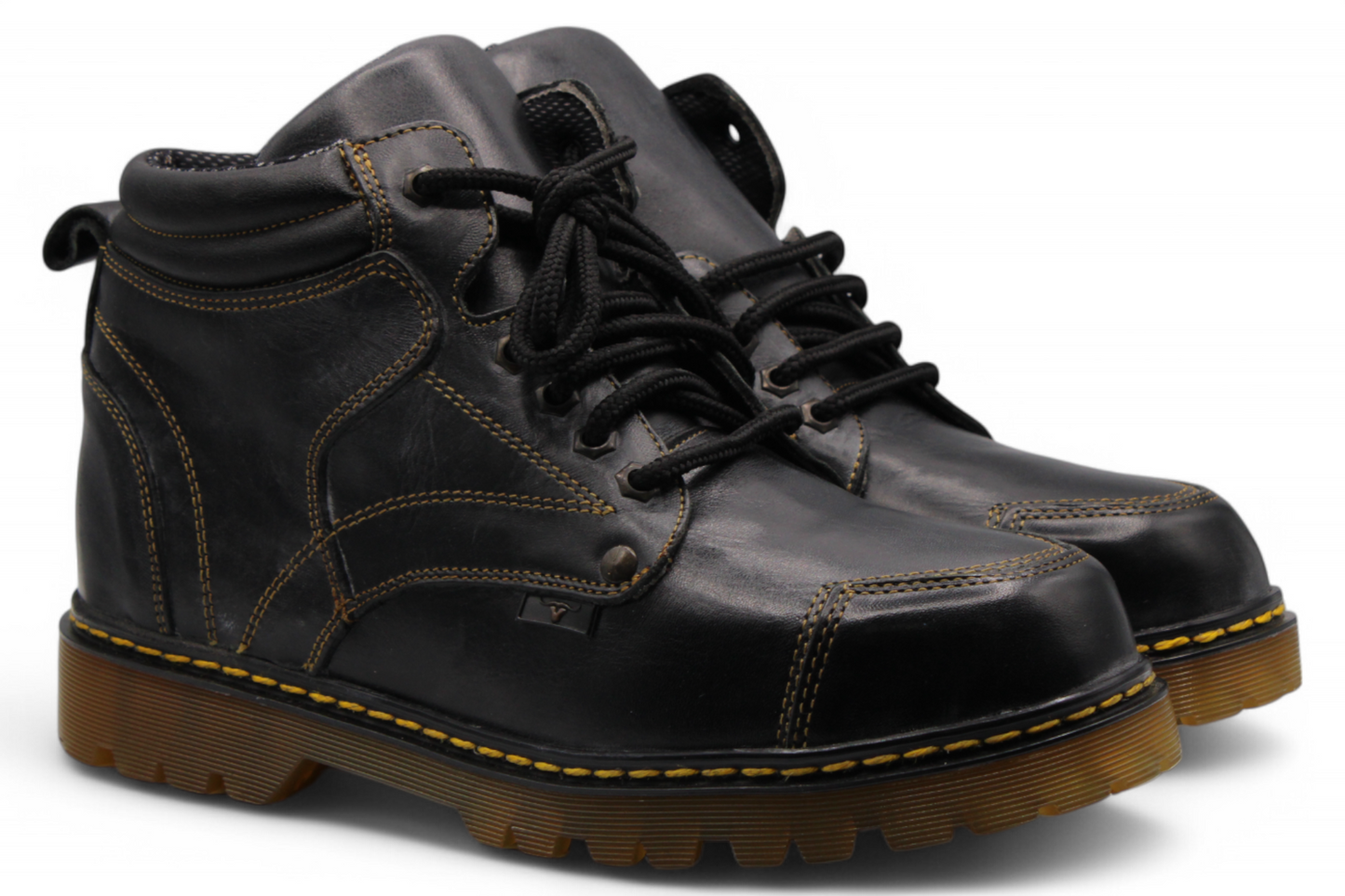 Men’s Round Toe Leather Work Boot – See-Through Sole | Lace-Up | Rubber Grip Black