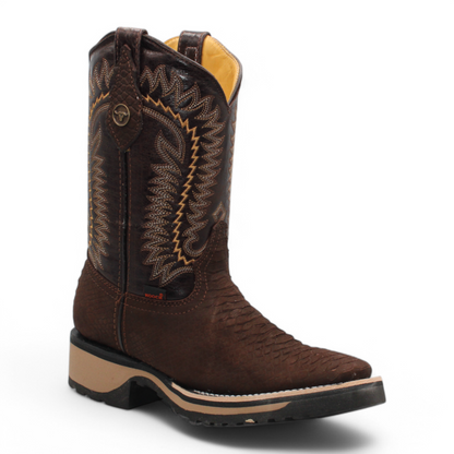 Men’s Square Toe Boots Chocolate Python Print w/ Rubber Sole