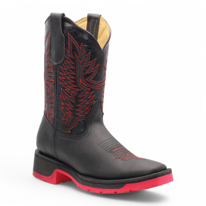 Men’s Square Toe Black Boots Rubber Sole w/ Red Bottom