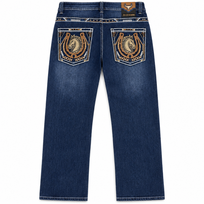 Men's Dark Blue Western Bootcut Jeans with Horse Embroidery – P-1365