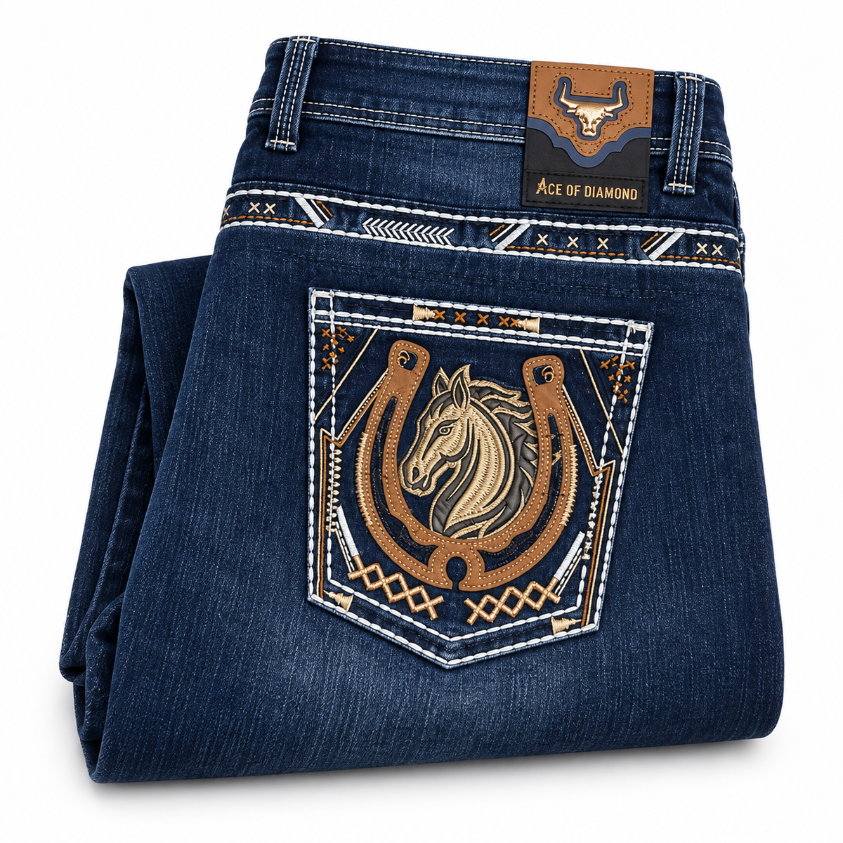 Men's Dark Blue Western Bootcut Jeans with Horse Embroidery – P-1365