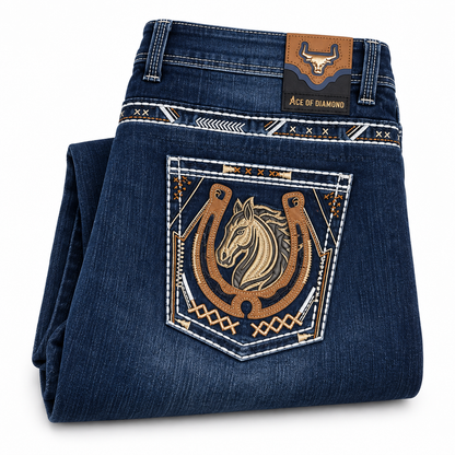 Men's Dark Blue Western Bootcut Jeans with Horse Embroidery – P-1365