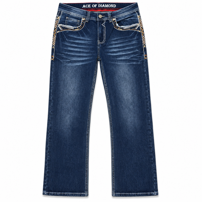 Men's Dark Blue Western Bootcut Jeans with Horse Embroidery – P-1365