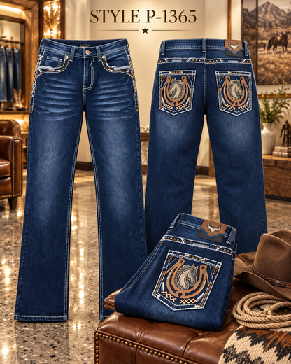 Men's dark blue western bootcut jeans with horse and horseshoe embroidered pockets style P-1365