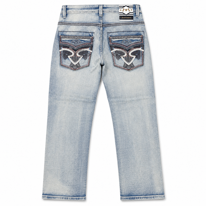 Men's Light Wash Western Bootcut Jeans with Embroidered Pockets – P-1400