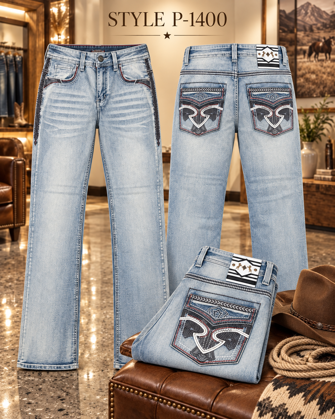 Men's light wash western bootcut jeans with embroidered back pockets style P-1400