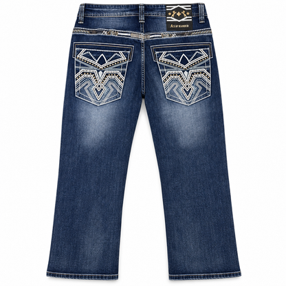Men's Dark Blue Western Bootcut Jeans with White Embroidery – P-1430