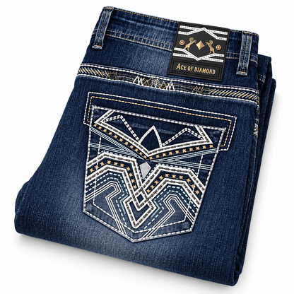 Men's Dark Blue Western Bootcut Jeans with White Embroidery – P-1430