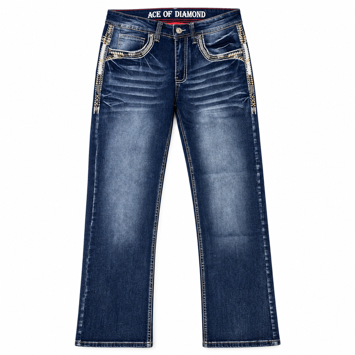 Men's Dark Blue Western Bootcut Jeans with White Embroidery – P-1430