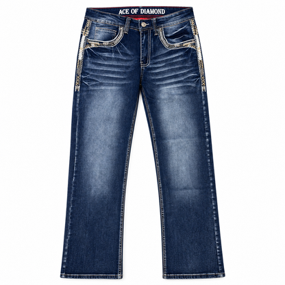 Men's Dark Blue Western Bootcut Jeans with White Embroidery – P-1430