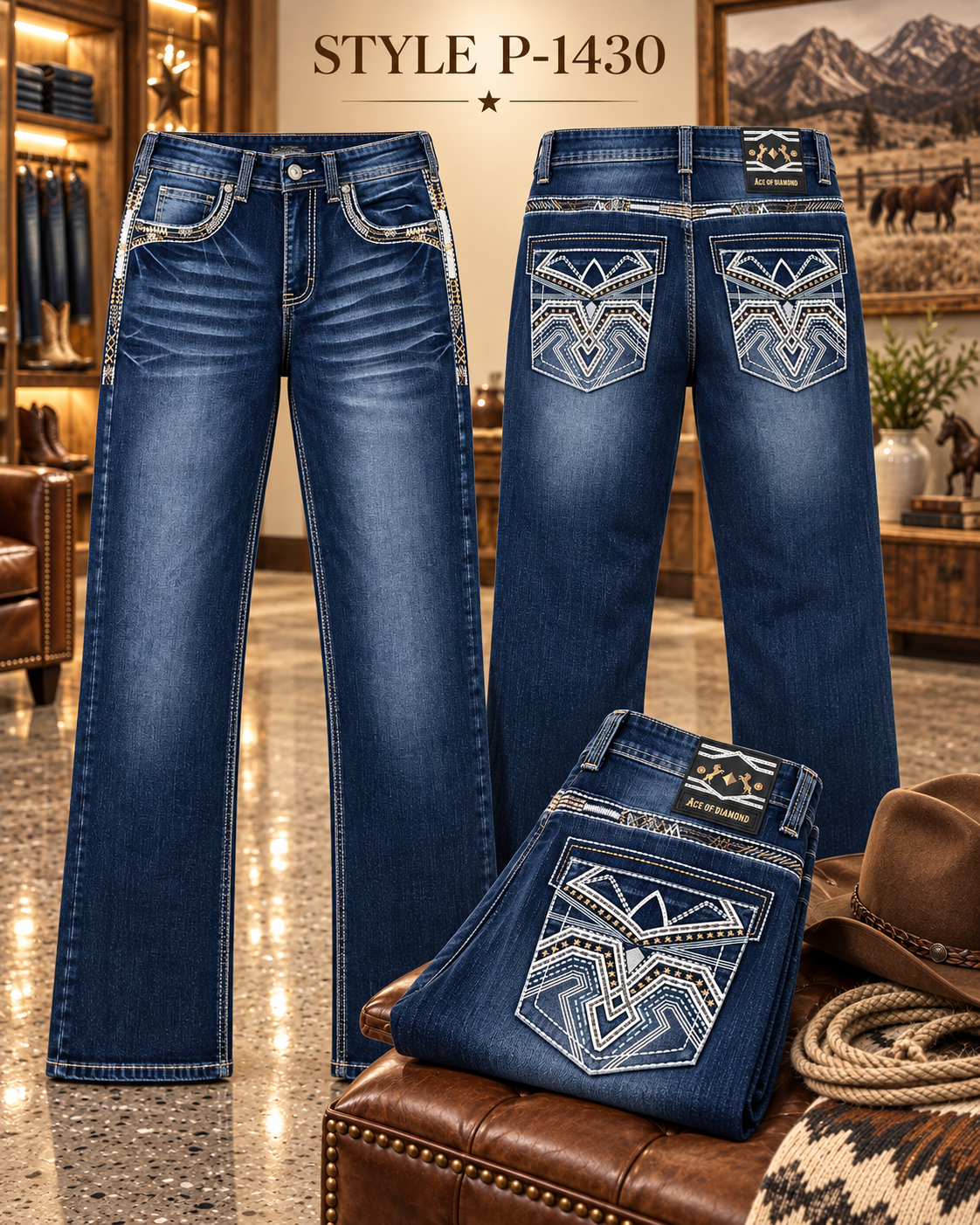Men's dark blue western bootcut jeans with white geometric embroidered pockets style P-1430
