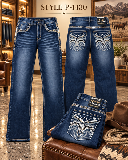 Men's dark blue western bootcut jeans with white geometric embroidered pockets style P-1430