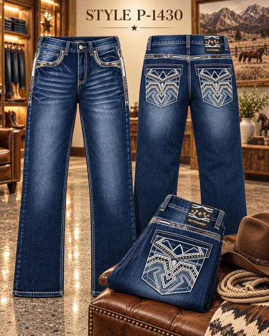 Men's dark blue western bootcut jeans with white geometric embroidered pockets style P-1430