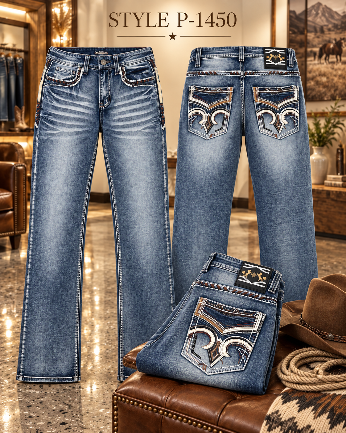 Men's light blue western bootcut jeans with horseshoe embroidered pockets style P-1450