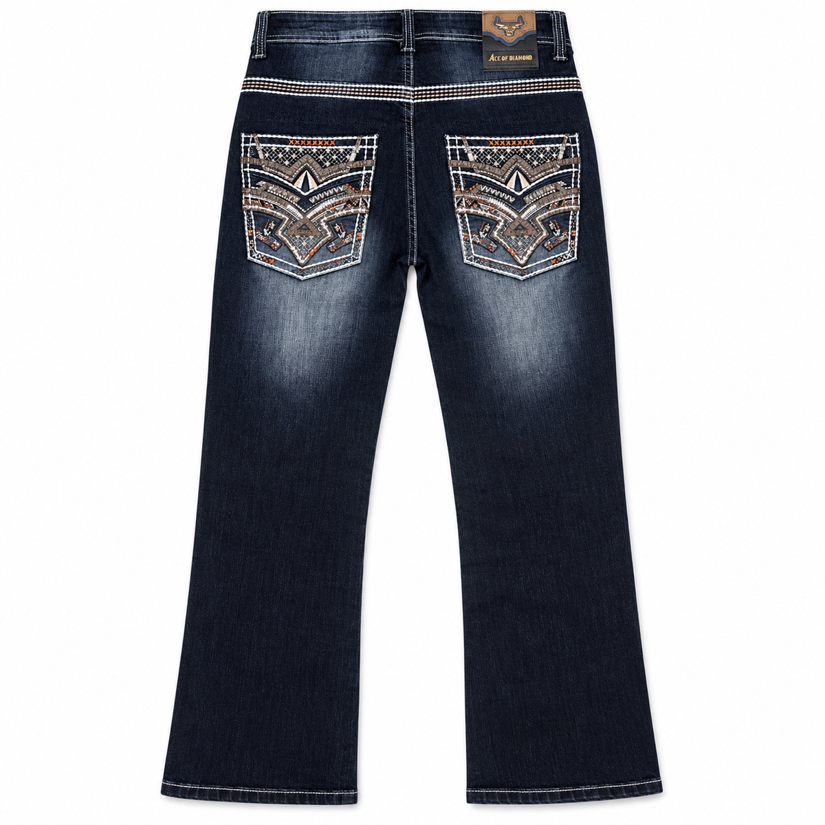 Men's Dark Blue Western Bootcut Jeans with Geometric Embroidery – P-1485