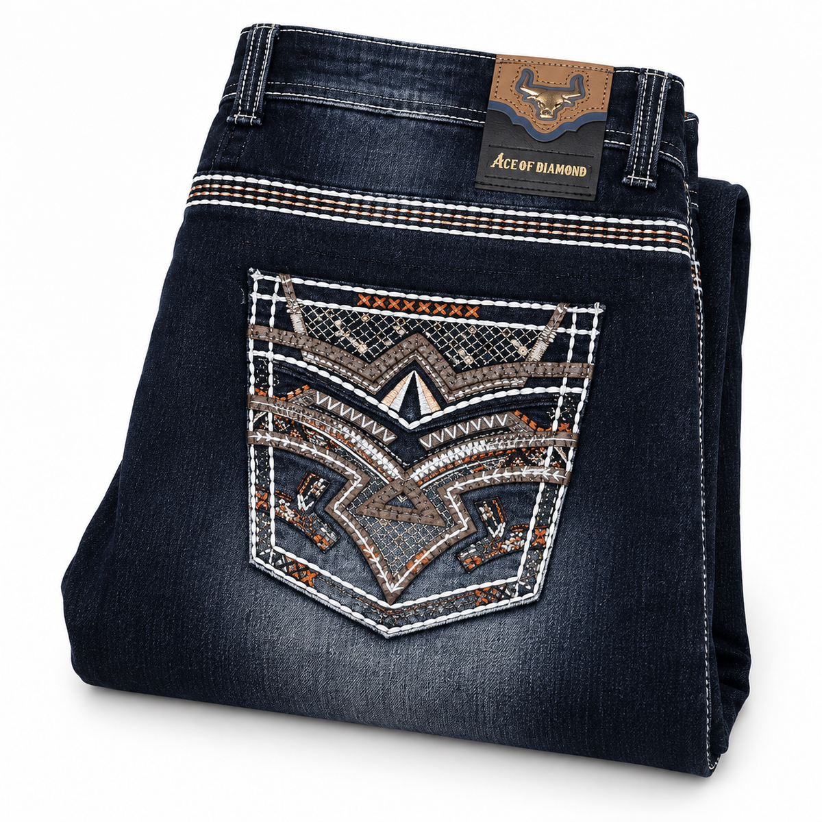 Men's Dark Blue Western Bootcut Jeans with Geometric Embroidery – P-1485