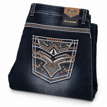 Men's Dark Blue Western Bootcut Jeans with Geometric Embroidery – P-1485