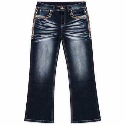 Men's Dark Blue Western Bootcut Jeans with Geometric Embroidery – P-1485