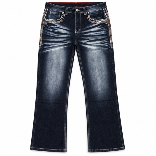 Men's Dark Blue Western Bootcut Jeans with Geometric Embroidery – P-1485