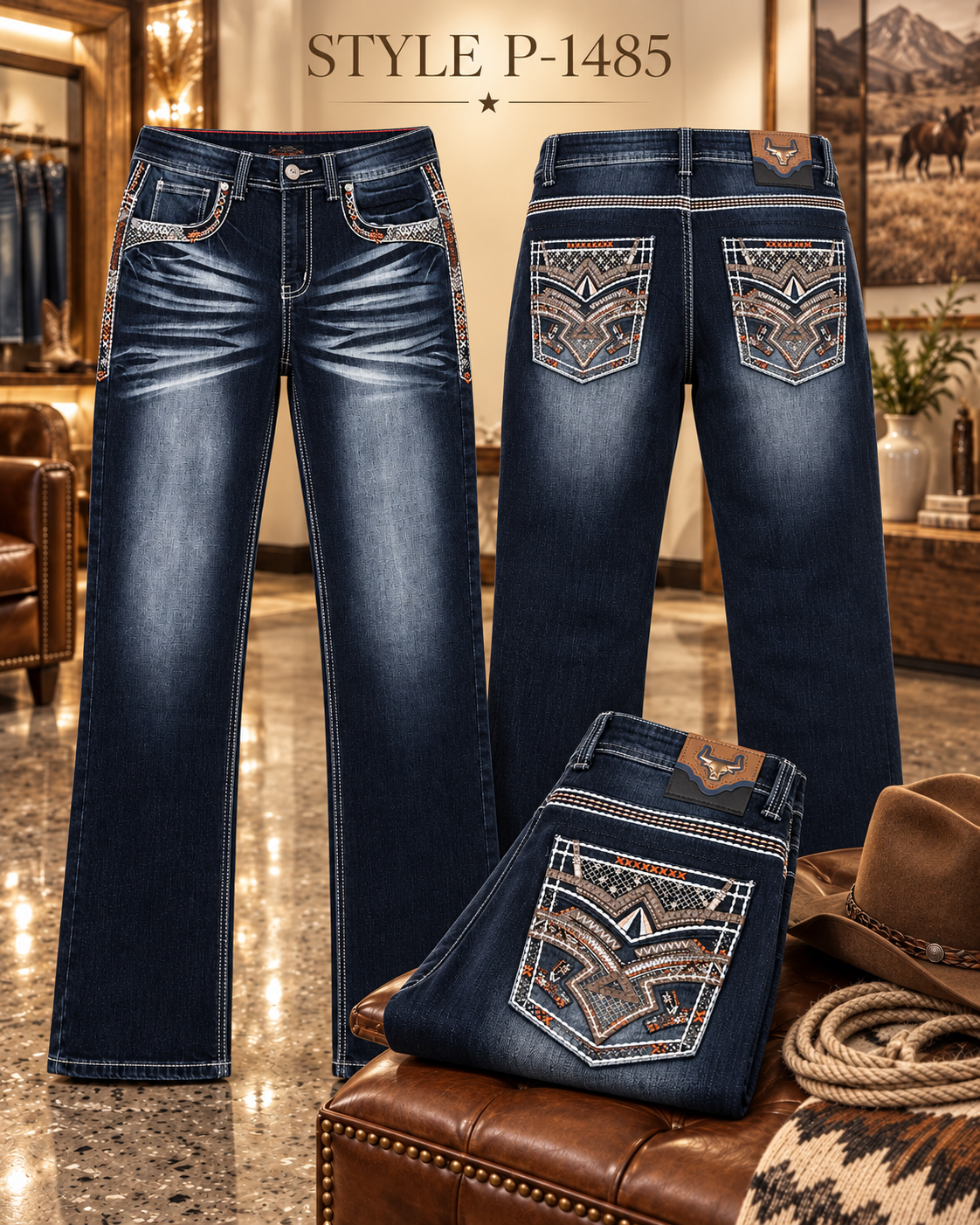 Men's dark blue western bootcut jeans with geometric embroidered pockets style P-1485