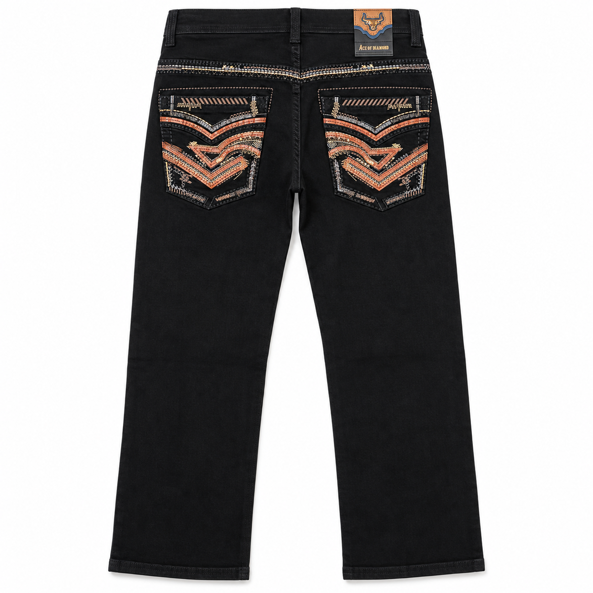 Men's Black Western Bootcut Jeans with Orange Embroidery – P-1500