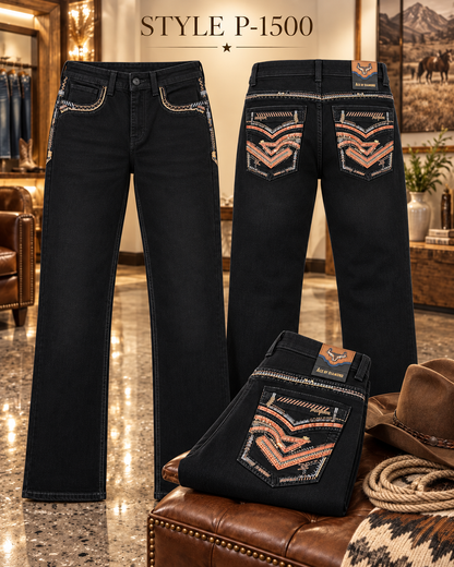Men's black western bootcut jeans with orange embroidered back pockets style P-1500